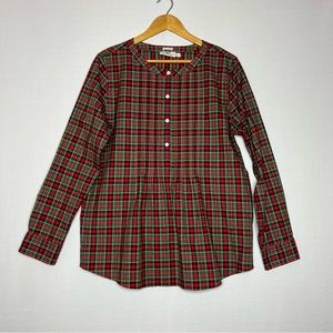 Vineyard Vines Red Green Tartan Plaid Cashmere Cotton Long Sleeve Top Size 14